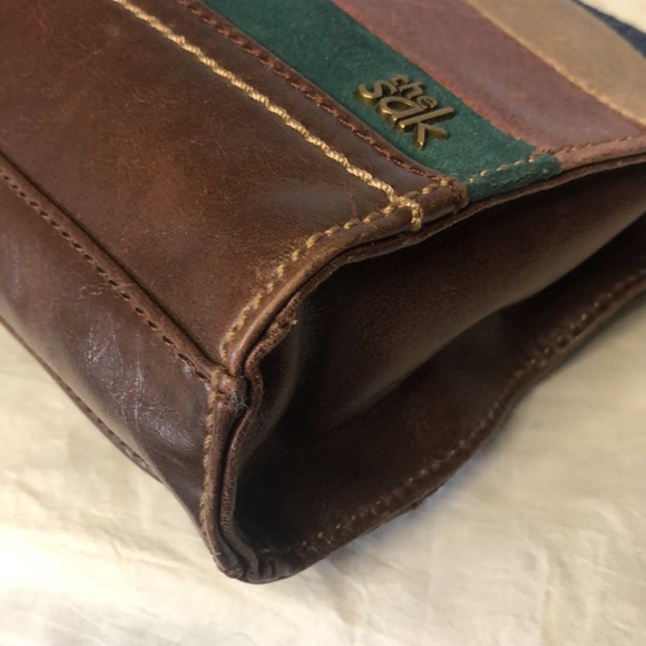 THE SAK brown, green,and blue leather and suede shoulder bag. Detachable straps. - Picture 7 of 12